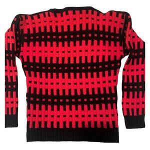 Handknit Womens Retro Geometric Sweater Size L Pink Black Slim Fit High Neck 80s